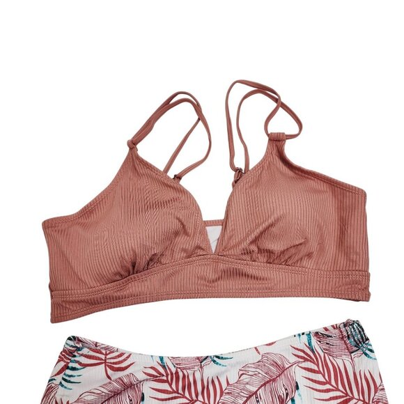 Two-Piece Bikini Set With Tropical Leaf Print & Ribbed Top Size XL Swimsuit - Picture 3 of 5